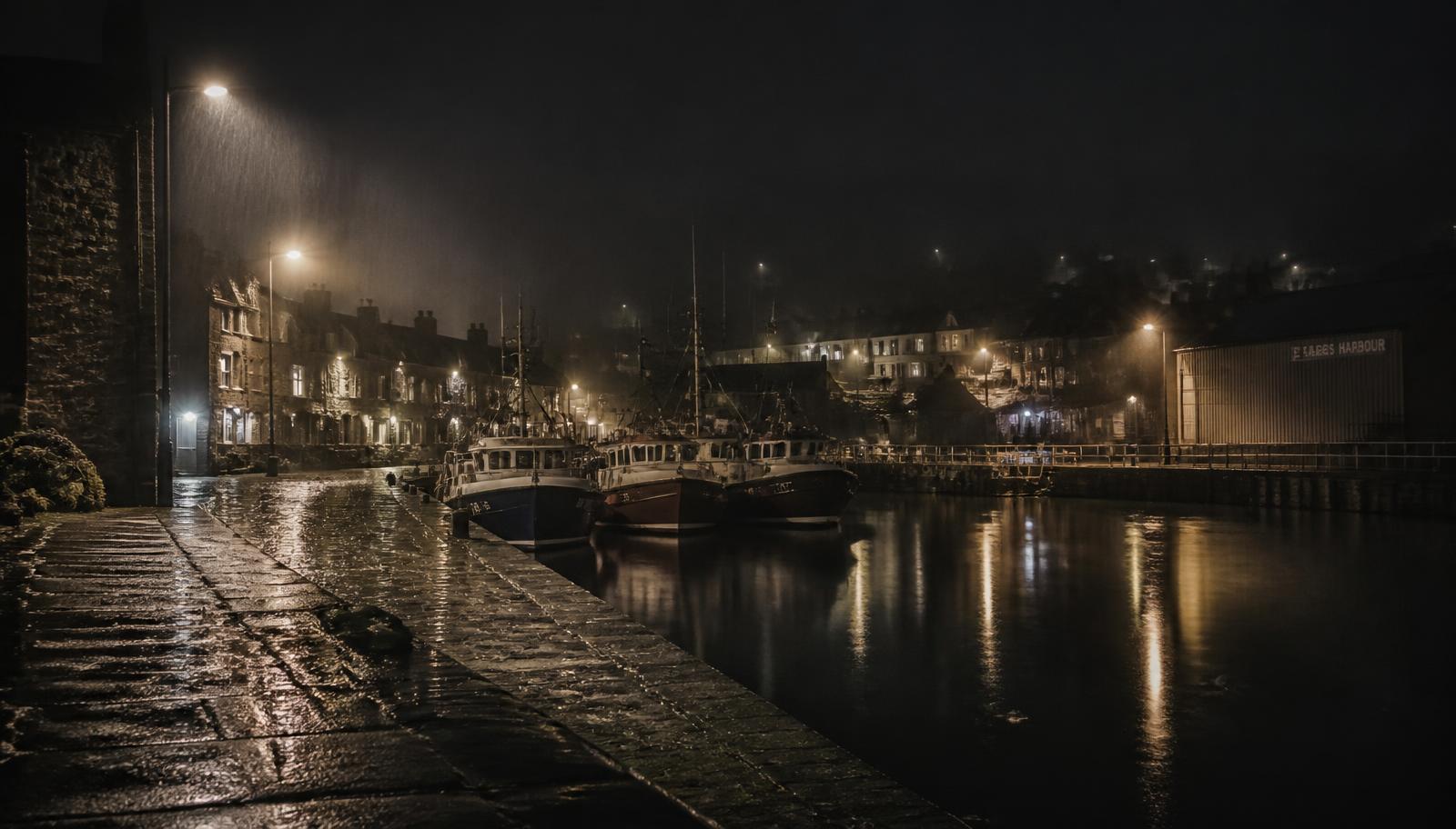 Kinloch harbour at night in the rain